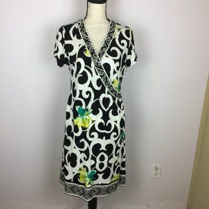 Alfani Wrap Sheath Dress Size M Womans Black White Floral Short Sleeve Beaded